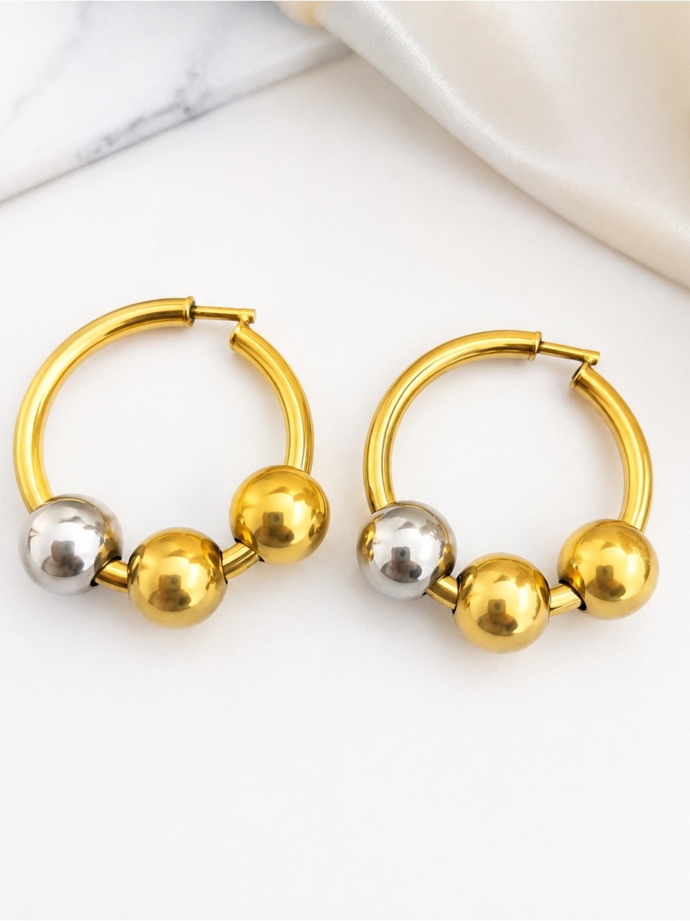 Two-Tone Gold Hoop Earrings with Silver Accent Beads